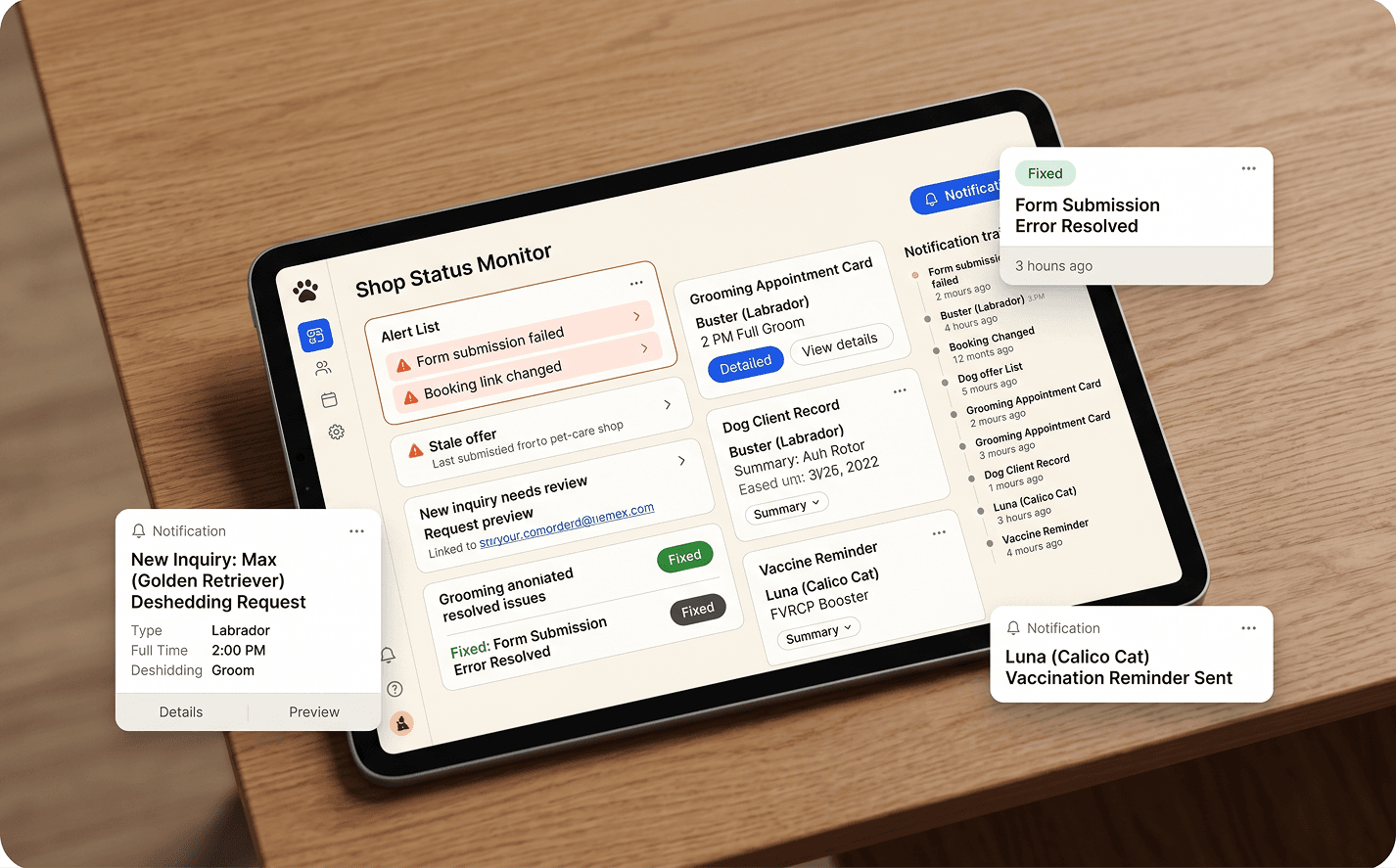 Founder service dashboard mockup showing monitored shop signals, fixes, and support status